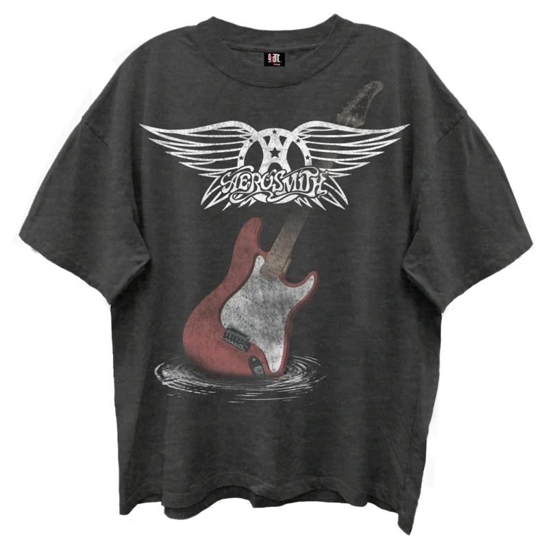 AEROSMITH GUITAR WINGS VINTAGE BLACK ENZYME WASH T-SHIRT/GIANT VINTAGE BLACK