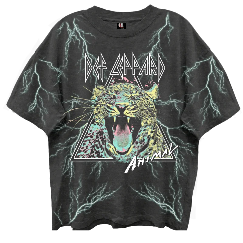 DEF LEPPARD ANIMAL ALL OVER PRINT VINTAGE BLACK ENZYME WASH T-SHIRT/GIANT VINTAGE BLACK