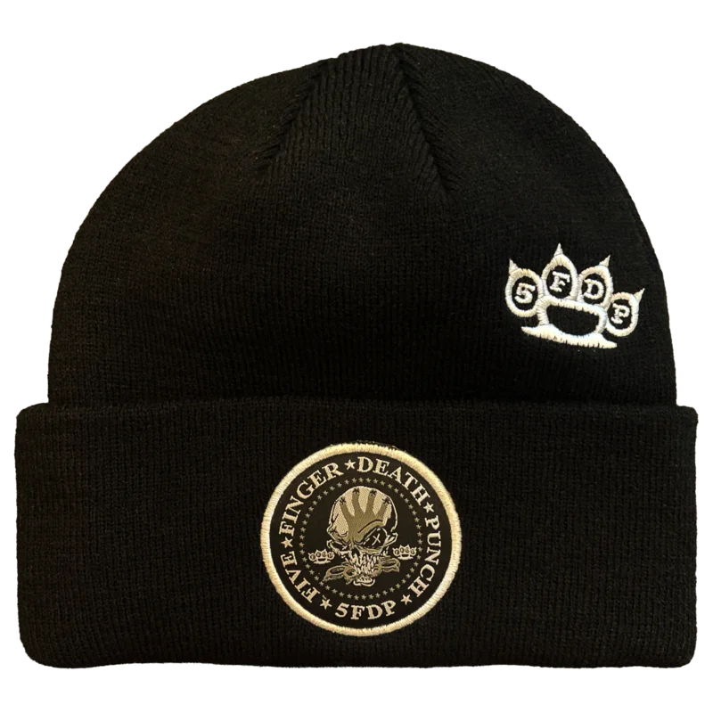 FIVE FINGER DEATH PUNCH WOVEN PATCH LOGOS 1X1 RIBBED ACRYLIC KNIT HAT BLACK