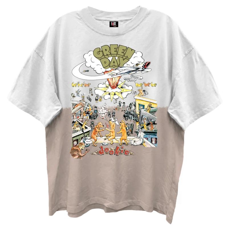 GREEN DAY DOOKIE ALBUM COVER WHITE/SAND DIP DYE WASH T-SHIRT/GIANT VINTAGE WHITE/SAND