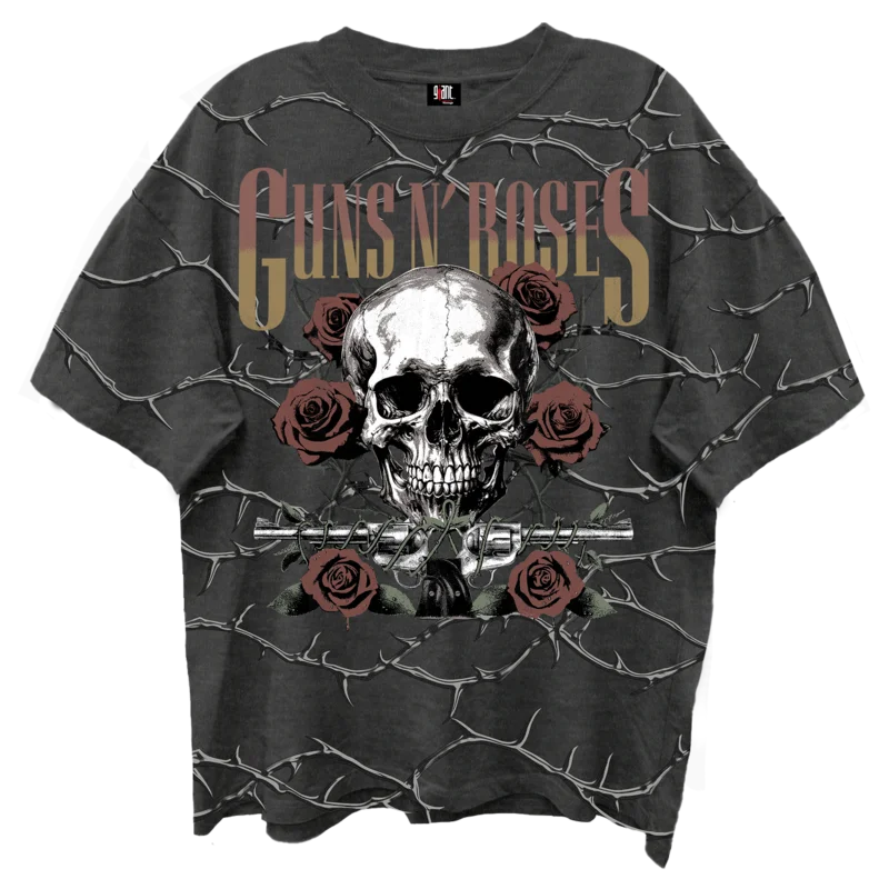 GUNS N ROSES SKULL ROSES FRONT/BCK VINTAGE BLACK ENZYME WASH T-SHIRT/GIANT VINTAGE BLACK