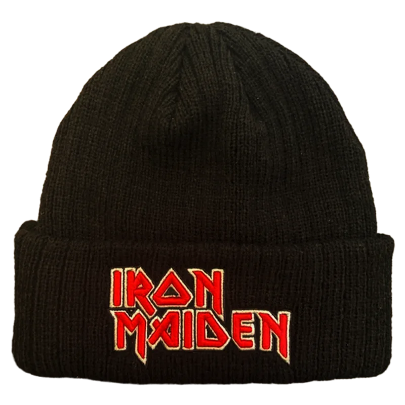 IRON MAIDEN EMBROIDERED LOGO 3X1 RIBBED BLACK ACRYLIC KNIT HAT/OSFM BLACK