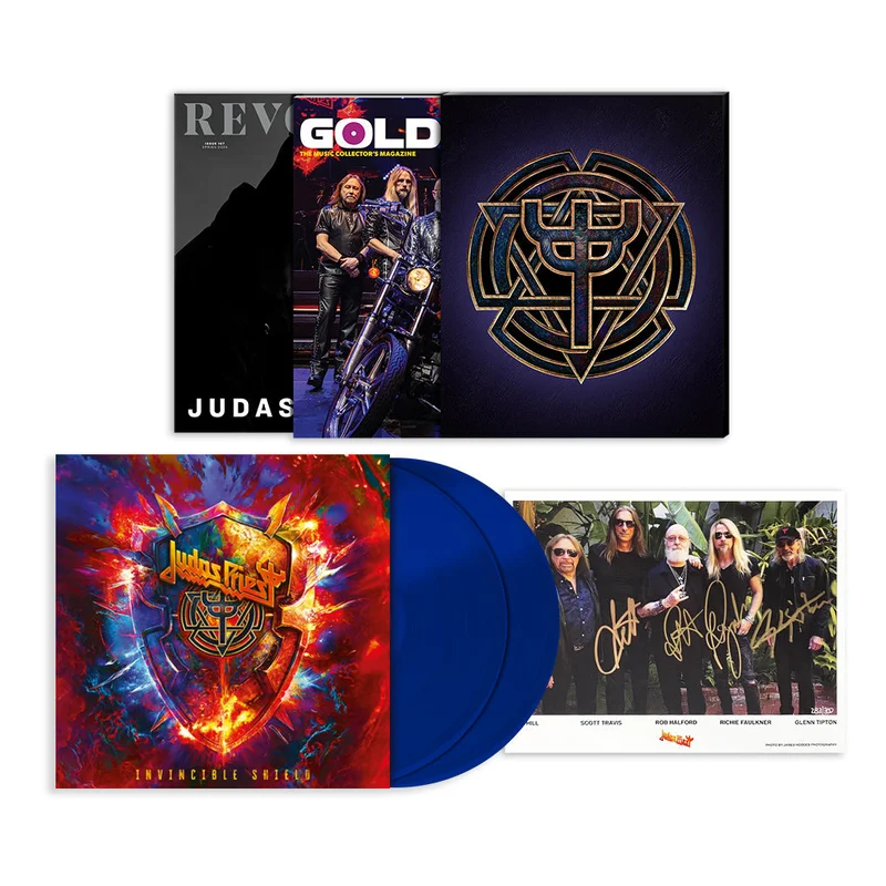 JUDAS PRIEST X REVOLVER BUNDLE - REVOLVER SPRING 2024 ISSUE & GOLDMINE SPRING 2024 ISSUE W/ BAND SIGNED 8X10" IN NUMBERED SLIPCASE + JUDAS PRIEST 'INVINCIBLE SHIELD' 2LP - LTD. 1000 - BLUE