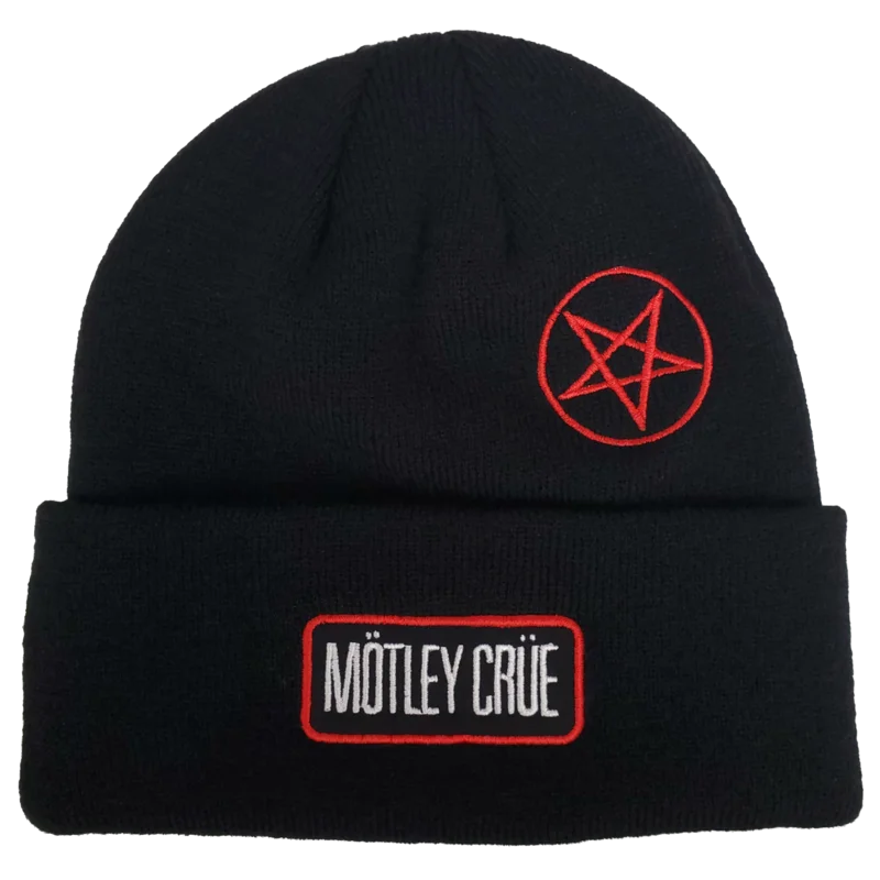 MOTLEY CRUE CUT TWILL PACTH EMROIDERED LOGOS 1X1 RIBBED BLACK ACRYLIC KNIT HAT BLACK