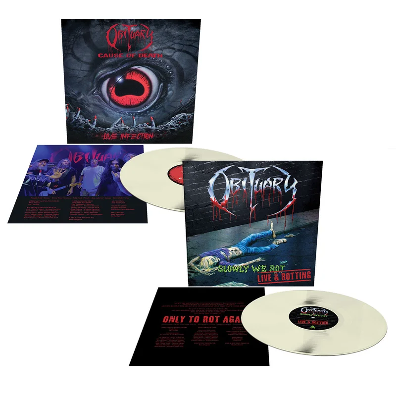 OBITUARY CAUSE OF DEATH - LIVE INFECTION & 'SLOWLY WE ROT - LIVE AND ROTTING' LIVE LP BUNDLE - LTD. - BONE WHITE