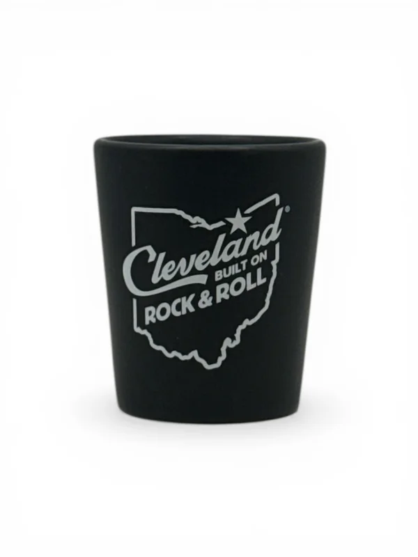 ROCK HALL CLE BUILT ON ROCK AND ROLL BLACK SHOT GLASS