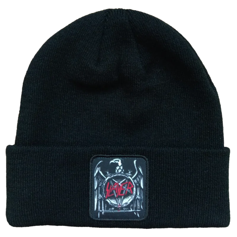 SLAYER EAGLE PATCH 1X1 RIBBED BLACK ACRYLIC KNIT HAT BLACK