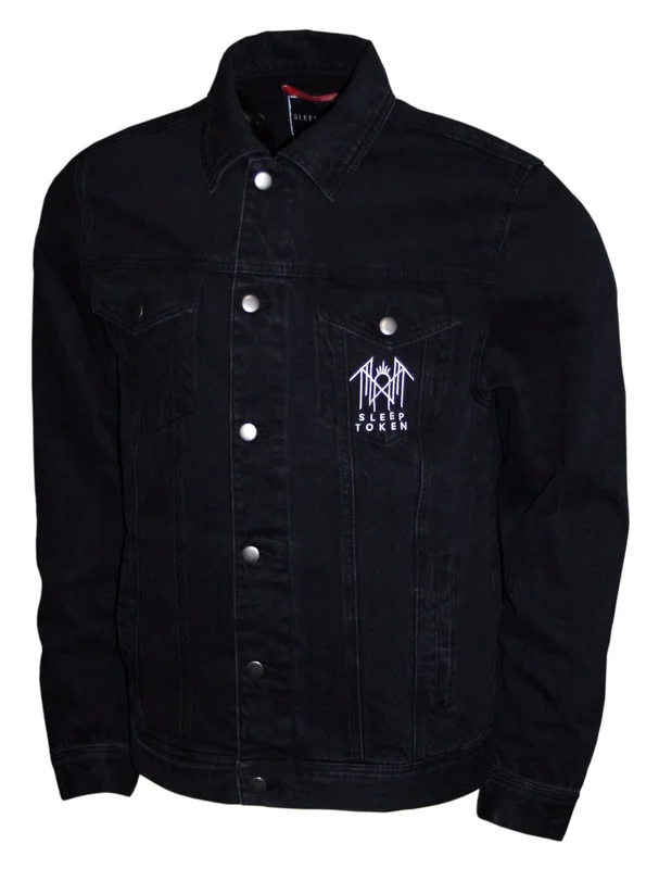 SLEEP TOKEN BLACK DENIM JACKET WHITE EMBROIDERY LOGO BLACK