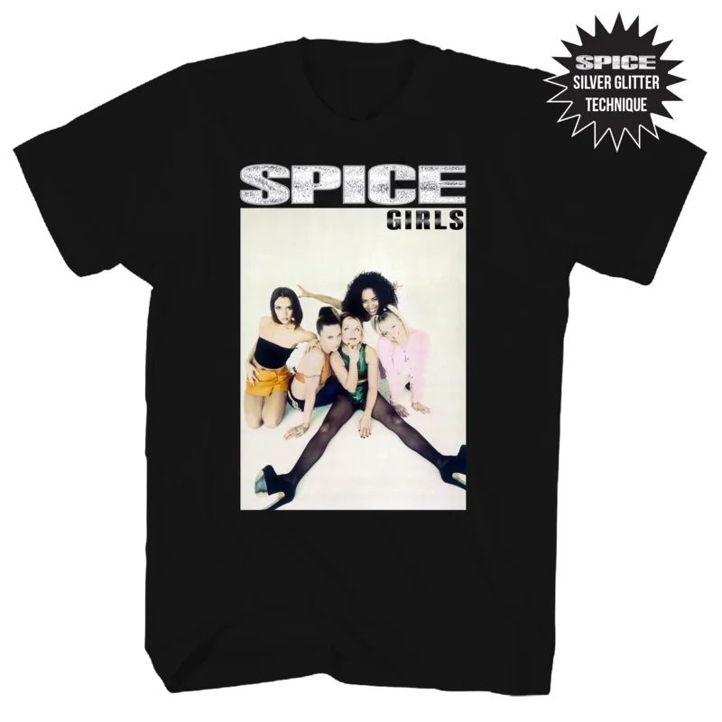 SPICE GIRLS SILVER GLITTER GROUP PHOTO FRT/BACK BLACK T-SHIRT black