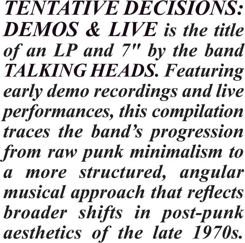 Talking Heads: Tentative Decisions: Demos & Live 12"
