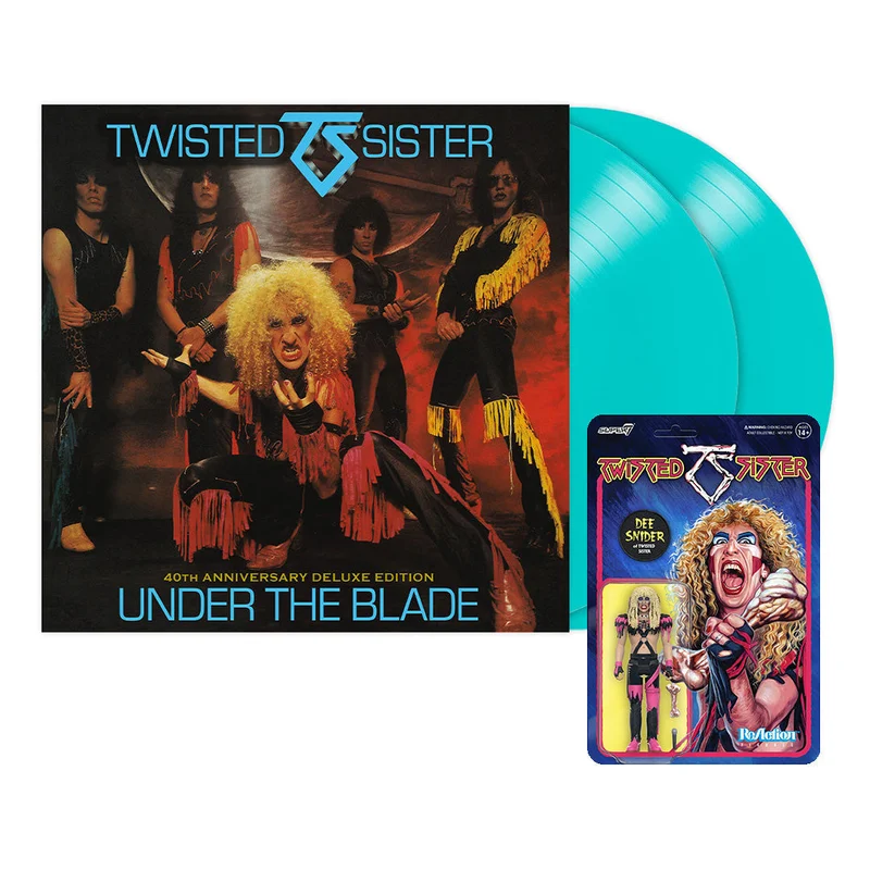 TWISTED SISTER UNDER THE BLADE 40TH ANNIVERSARY 2LP LTD. - TURQUOISE + DEE SNIDER REACTION FIGURE BUNDLE